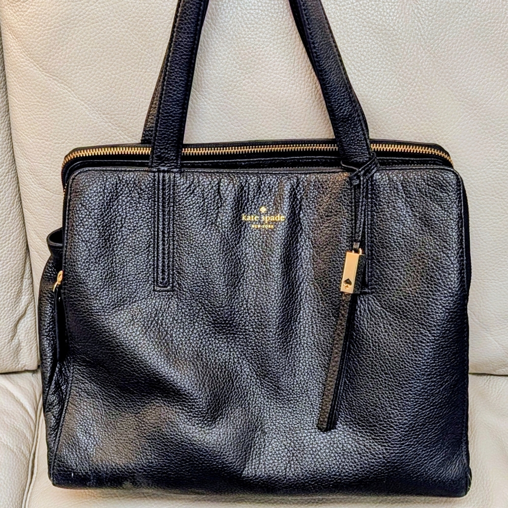 Kate Spade Black Leather Shoulder Tote with Gold Details